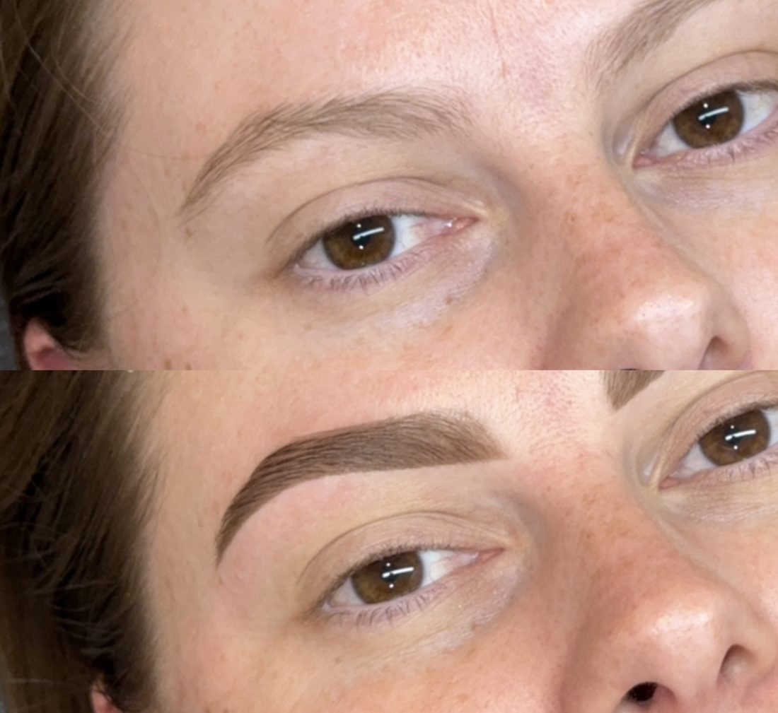 Brow before and after: light, sparse brows on top, tinted and shaped brows below